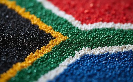 An extreme macro shot shows a South African flag made of glass beads on a dark linen surface. The sharp focus reveals individual bead textures and thread knots under soft cinematic side-lighting